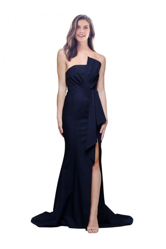 Online Azul marina oscuro Cubierta Sin tirantes Barrer tren Crepé Elástico Largo Vestidos de dama de honor / Vestidos de fiesta