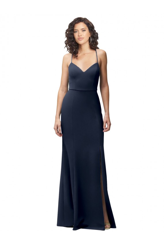 Online Azul marina oscuro Cubierta Tirantes espagueti Crepé Elástico Largo Formales Vestidos de dama de honor / Vestidos de fiesta