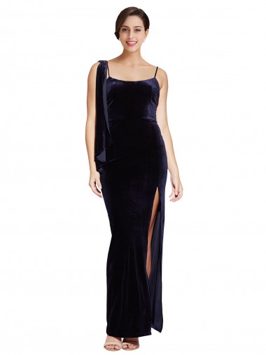 Online Azul marina oscuro Cubierta Tirantes espagueti Cuadrado Terciopelo Elástico Largo Formales Vestidos de dama de honor / Vestidos de fiesta