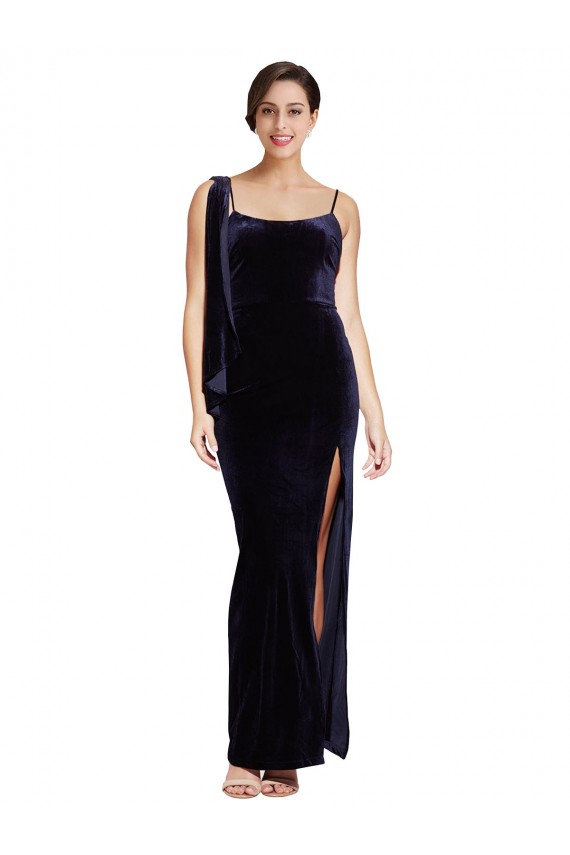 Online Azul marina oscuro Cubierta Tirantes espagueti Cuadrado Terciopelo Elástico Largo Formales Vestidos de dama de honor / Vestidos de fiesta