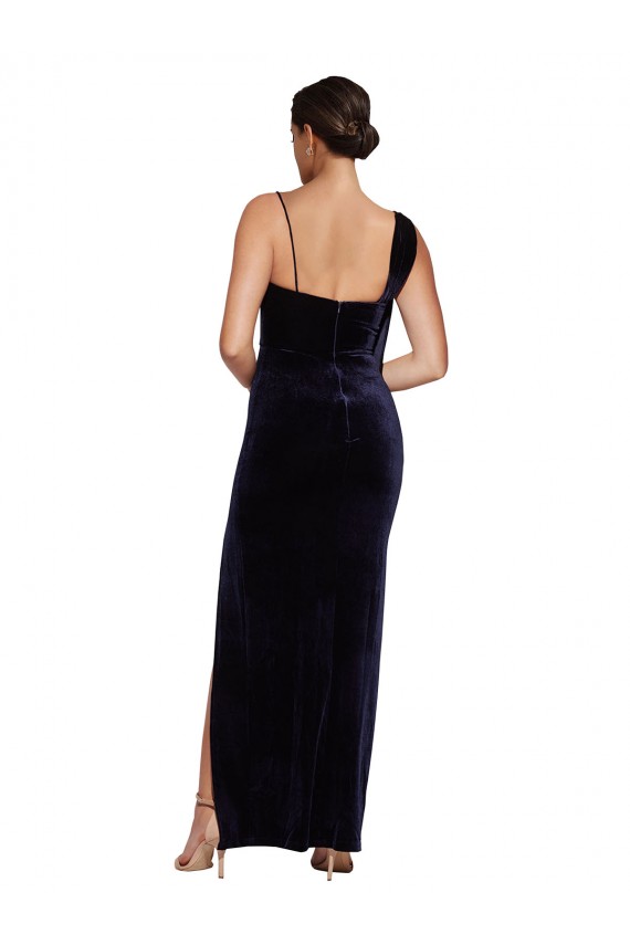 Online Azul marina oscuro Cubierta Tirantes espagueti Cuadrado Terciopelo Elástico Largo Formales Vestidos de dama de honor / Vestidos de fiesta