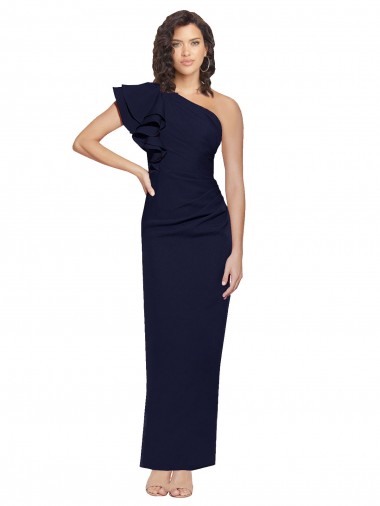 Online Azul marina oscuro Cubierta Un Hombre Crepé Elástico Largo Formales Vestidos de dama de honor / Vestidos de fiesta