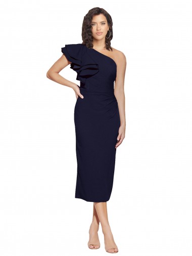 Online Azul marina oscuro Cubierta Un Hombre Midi Crepé Elástico Corto Formales Vestidos de dama de honor / Vestidos de fiesta / Vestidos de cóctel