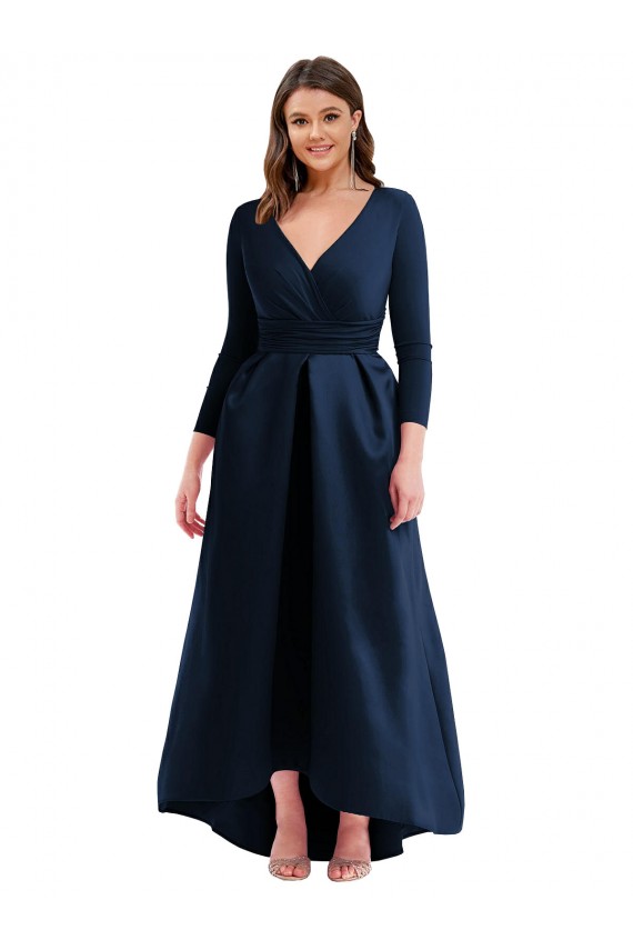 Online Azul marina oscuro Cuello en V Spandex Largo Asimétrico Formales Vestidos de dama de honor / Vestidos de fiesta