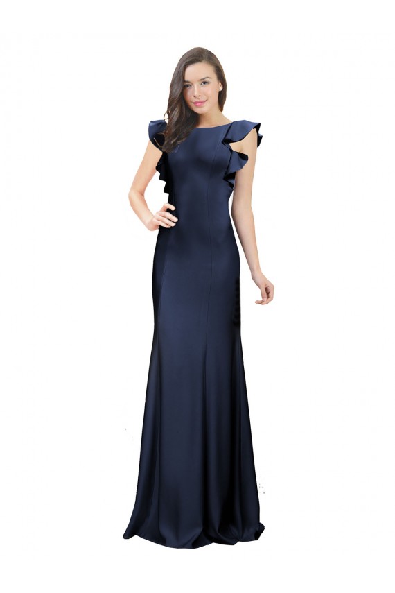 Online Azul marina oscuro Sirena Barco Crepé Elástico Largo Vestidos de dama de honor / Vestidos de fiesta