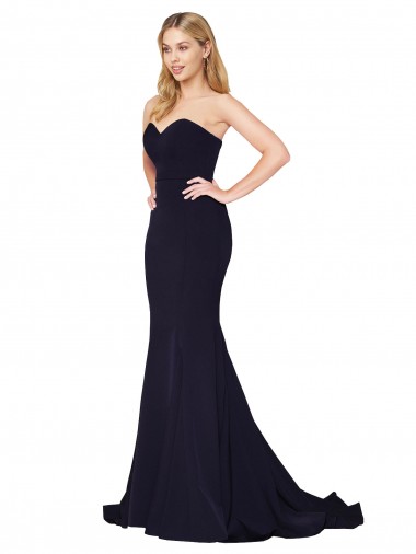 Online Azul marina oscuro Sirena Cuello Alto Barrer tren Crepé Elástico Largo Formales Vestidos de dama de honor / Vestidos de fiesta