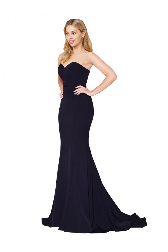 Online Azul marina oscuro Sirena Cuello Alto Barrer tren Crepé Elástico Largo Formales Vestidos de dama de honor / Vestidos de fiesta