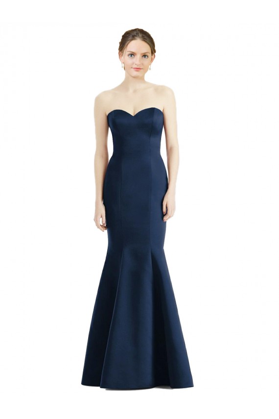 Online Azul marina oscuro Sirena Cuello de Corazón Satén Largo Vestidos de dama de honor