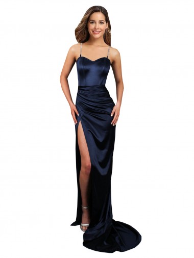 Online Azul marina oscuro Sirena Cuello de Corazón Satén elástico Largo Formales Vestidos de dama de honor / Vestidos de fiesta