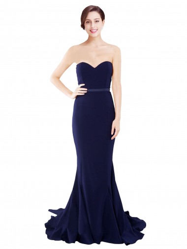Online Azul marina oscuro Sirena Cuello de Corazón Sin tirantes Barrer tren Crepé Elástico Largo Vestidos de dama de honor / Vestidos de fiesta