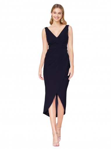 Online Azul marina oscuro Sirena Cuello en V Cuello Alto Crepé Elástico Corto Asimétrico Formales Vestidos de dama de honor / Vestidos de fiesta / Vestidos de cóctel