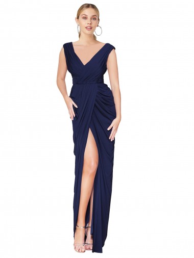 Online Azul marina oscuro Sirena Cuello en V Cuello Alto Gasa Largo Formales Vestidos de dama de honor / Vestidos de fiesta