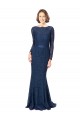 Online Azul marina oscuro Sirena Cuello joya Barrer tren Encaje Largo Vestidos de dama de honor