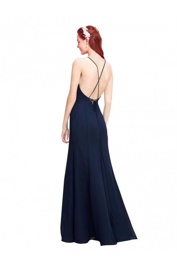 Online Azul marina oscuro Sirena Halter Cuello Alto Gasa Largo Vestidos de dama de honor / Vestidos de fiesta