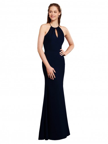 Online Azul marina oscuro Sirena Halter Gasa Largo Vestidos de dama de honor