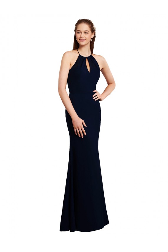 Online Azul marina oscuro Sirena Halter Gasa Largo Vestidos de dama de honor