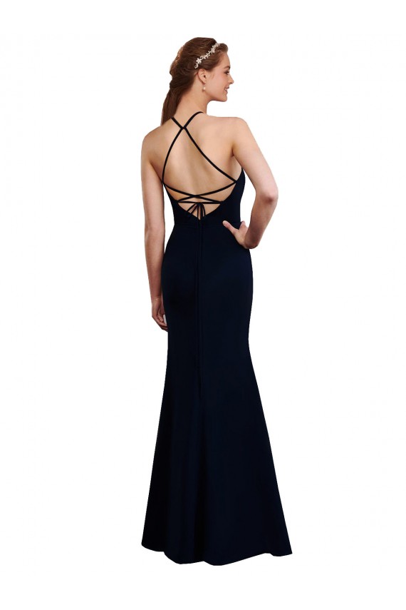 Online Azul marina oscuro Sirena Halter Gasa Largo Vestidos de dama de honor