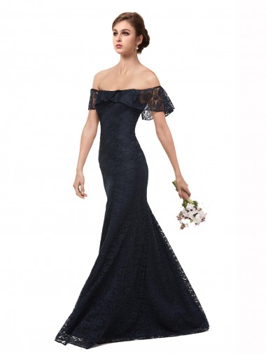 Online Azul marina oscuro Sirena Hombros Descubiertos Encaje Largo Vestidos de dama de honor / Vestidos de fiesta