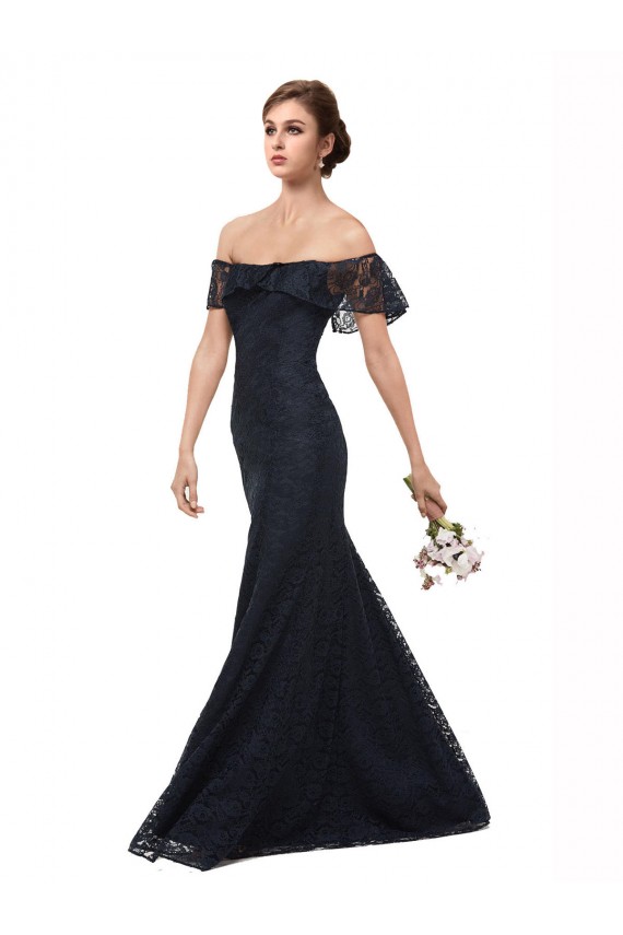 Online Azul marina oscuro Sirena Hombros Descubiertos Encaje Largo Vestidos de dama de honor / Vestidos de fiesta