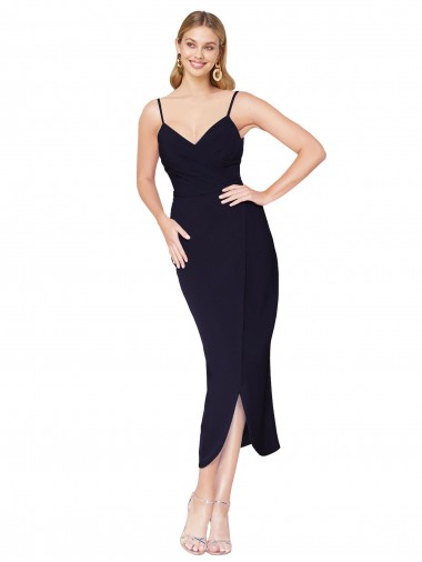Online Azul marina oscuro Sirena Tirantes espagueti Crepé Elástico Corto Asimétrico Formales Vestidos de dama de honor / Vestidos de fiesta / Vestidos de cóctel