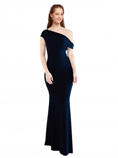 Online Azul marina oscuro Sirena Un Hombre Crepé Elástico Largo Formales Vestidos de dama de honor / Vestidos de fiesta