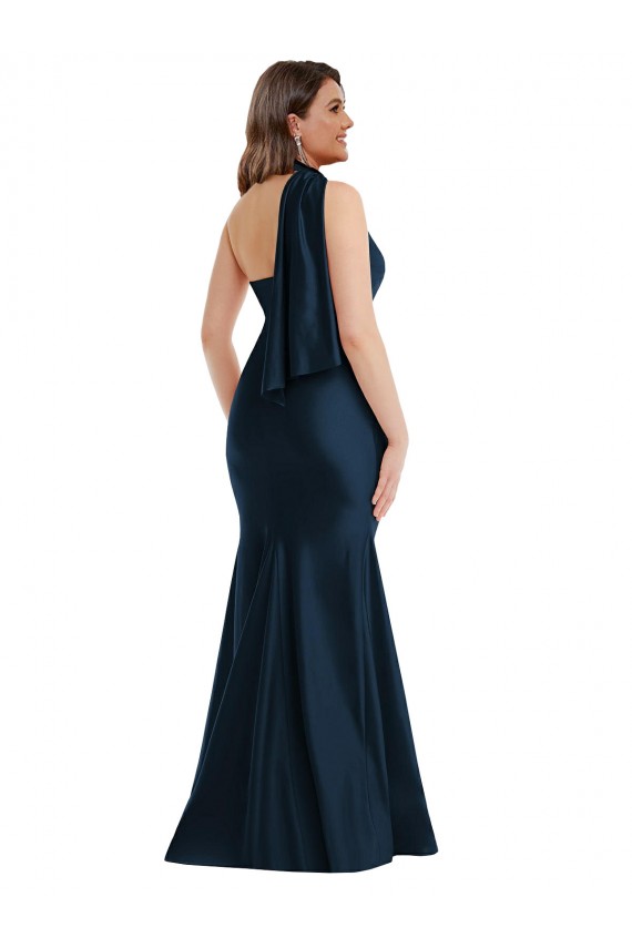 Online Azul marina oscuro Sirena Un Hombre Halter Satén sedoso Largo Formales Vestidos de dama de honor / Vestidos de fiesta