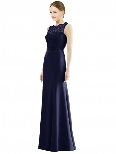Online Azul marina oscuro Sirena Ilusión Gasa Encaje Largo Vestidos de dama de honor