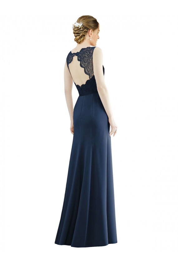 Online Azul marina oscuro Sirena Ilusión Gasa Encaje Largo Vestidos de dama de honor
