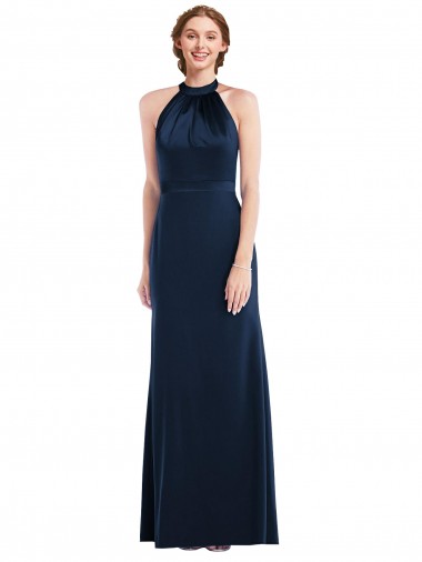 Online Azul marina oscuro Trompeta Cuello Alto Crepé Elástico Largo Vestidos de dama de honor / Vestidos de fiesta