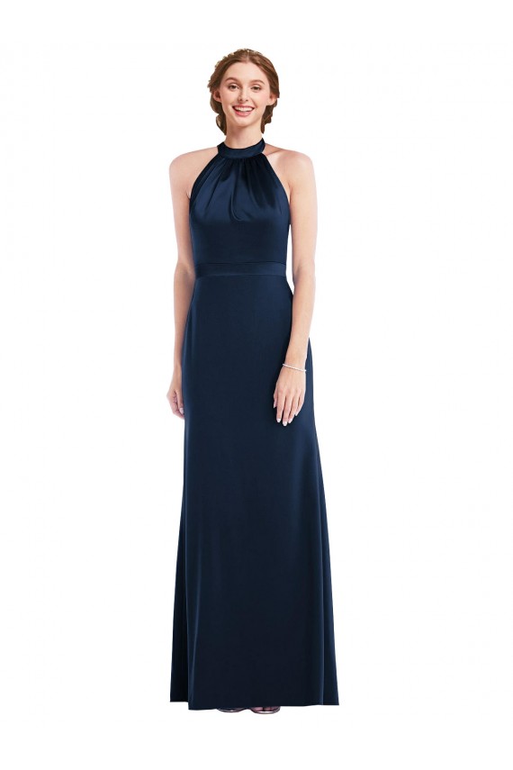 Online Azul marina oscuro Trompeta Cuello Alto Crepé Elástico Largo Vestidos de dama de honor / Vestidos de fiesta