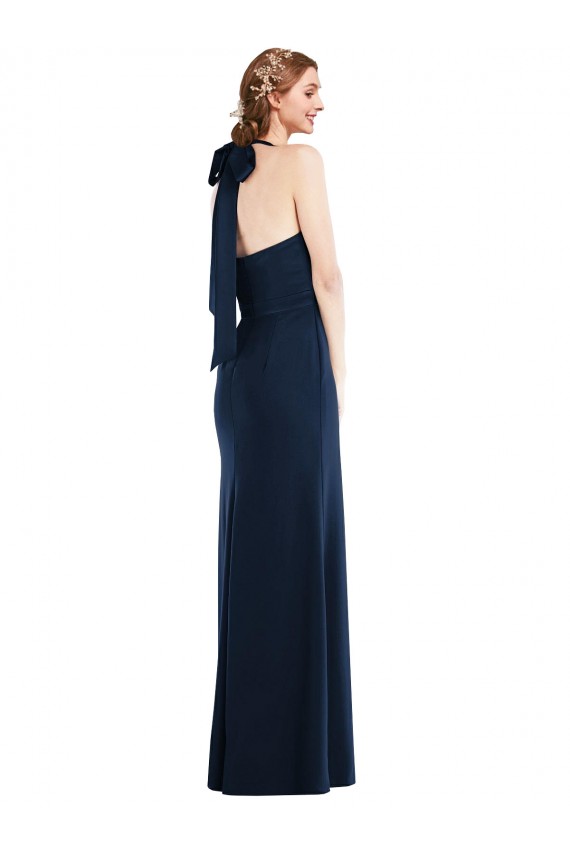 Online Azul marina oscuro Trompeta Cuello Alto Crepé Elástico Largo Vestidos de dama de honor / Vestidos de fiesta