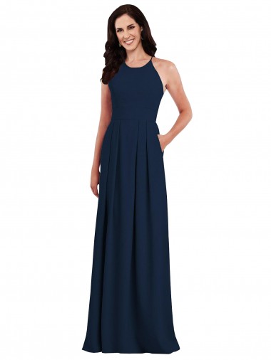 Online Azul marina oscuro Trompeta Halter Crepé Elástico Largo Vestidos de dama de honor
