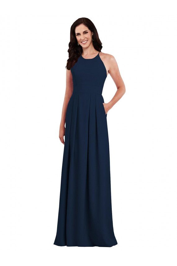 Online Azul marina oscuro Trompeta Halter Crepé Elástico Largo Vestidos de dama de honor