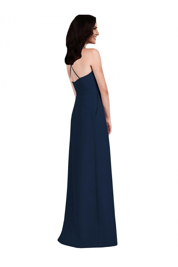 Online Azul marina oscuro Trompeta Halter Crepé Elástico Largo Vestidos de dama de honor