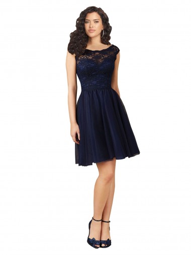 Online Azul marina oscuro línea A Barco Tul Encaje Corto Vestidos de dama de honor / Vestidos de cóctel