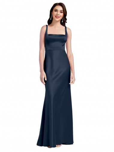 Online Azul marina oscuro línea A Cuadrado Satén elástico Largo Formales Vestidos de dama de honor / Vestidos de fiesta