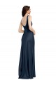 Online Azul marina oscuro línea A Cuadrado Satén elástico Largo Formales Vestidos de dama de honor / Vestidos de fiesta