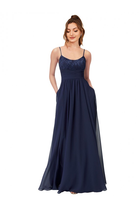 Online Azul marina oscuro línea A Cucharón Gasa Encaje Largo Vestidos de dama de honor