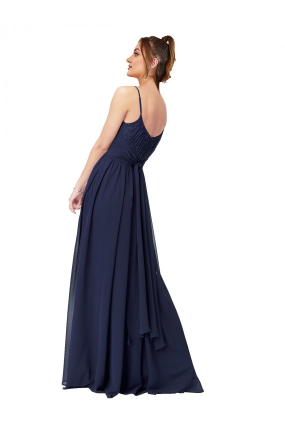 Online Azul marina oscuro línea A Cucharón Gasa Encaje Largo Vestidos de dama de honor