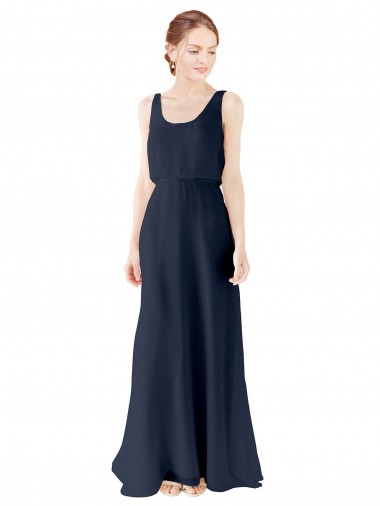 Online Azul marina oscuro línea A Cucharón Gasa Largo Vestidos de dama de honor