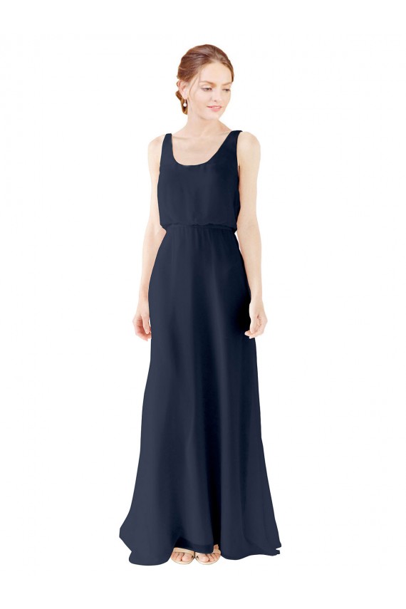 Online Azul marina oscuro línea A Cucharón Gasa Largo Vestidos de dama de honor