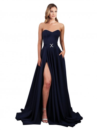 Online Azul marina oscuro línea A Cuello Alto Crepé Elástico Largo Formales Vestidos de dama de honor / Vestidos de fiesta