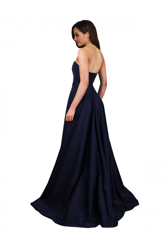 Online Azul marina oscuro línea A Cuello Alto Crepé Elástico Largo Formales Vestidos de dama de honor / Vestidos de fiesta