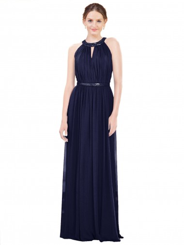 Online Azul marina oscuro línea A Cuello Alto Gasa Largo Vestidos de dama de honor