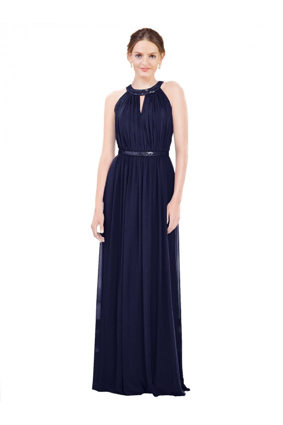 Online Azul marina oscuro línea A Cuello Alto Gasa Largo Vestidos de dama de honor