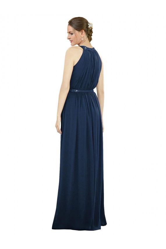 Online Azul marina oscuro línea A Cuello Alto Gasa Largo Vestidos de dama de honor