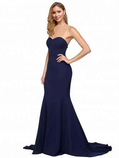 Online Azul marina oscuro línea A Cuello de Corazón Barrer tren Crepé Elástico Largo Formales Vestidos de dama de honor / Vestidos de fiesta