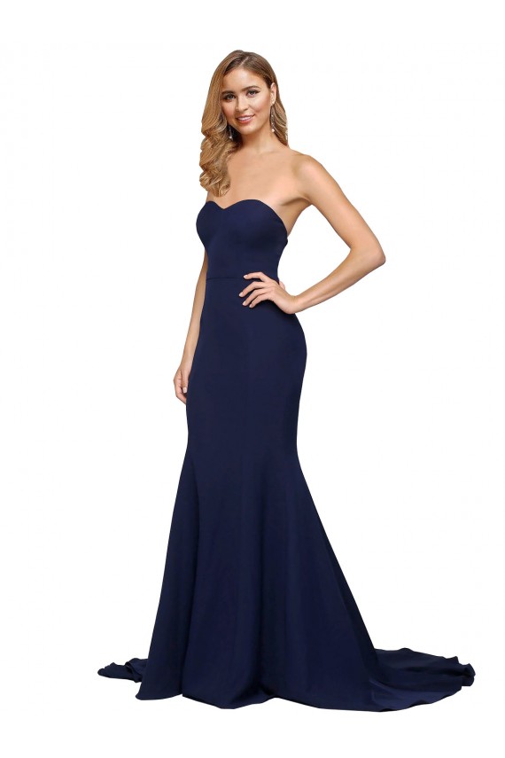 Online Azul marina oscuro línea A Cuello de Corazón Barrer tren Crepé Elástico Largo Formales Vestidos de dama de honor / Vestidos de fiesta
