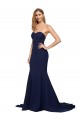 Online Azul marina oscuro línea A Cuello de Corazón Barrer tren Crepé Elástico Largo Formales Vestidos de dama de honor / Vestidos de fiesta