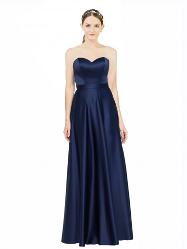 Online Azul marina oscuro línea A Cuello de Corazón Satén elástico Largo Formales Vestidos de dama de honor / Vestidos de noche
